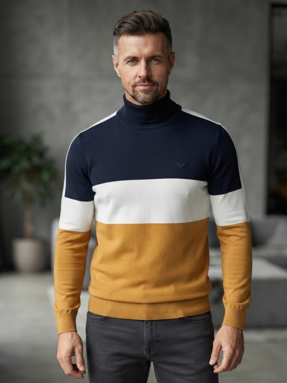 VINTAGE Giorgio Armani Ittiere Cashmere Blend Colorblock Turtleneck Sweater